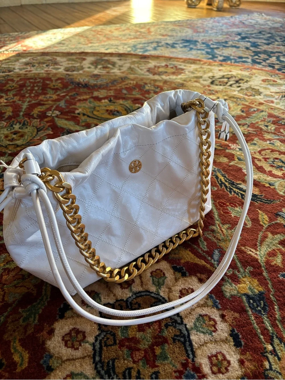 Tory Burch White Quilted Shoulder Bag with Gold Chain